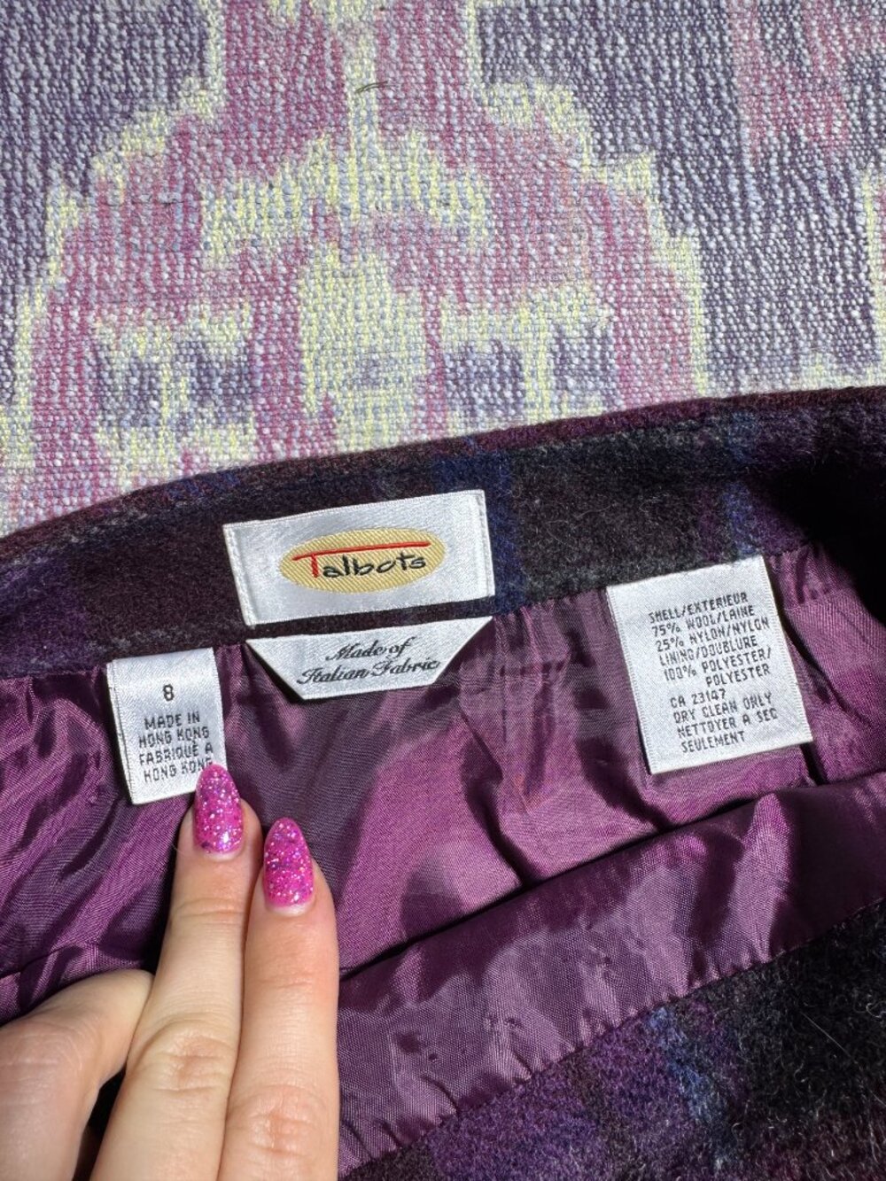 Talbots Plaid Fringe Wool Blend Wrap Skirt Purple Blue Sz 8 - Picture 12 of 15